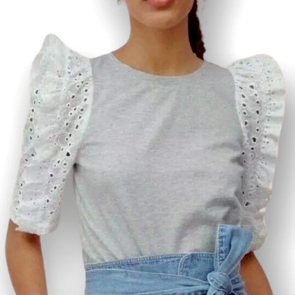 Rebecca Taylor x Anthropologie Papillon Eyelet Lace Med Puff Sleeve Gray Jersey